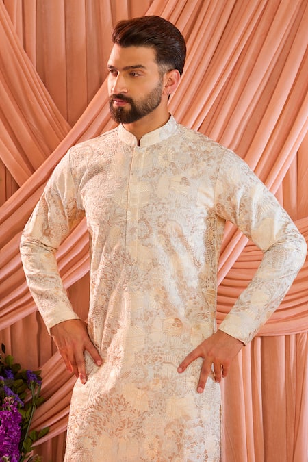 Buy_Kasbah_Ivory Silk Embroidery Tonal Kurta _Online_at_Aza_Fashions