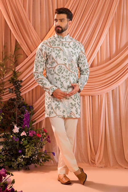 Kasbah_Ivory Silk Floral Pattern Kurta _Online_at_Aza_Fashions