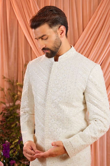 Kasbah_Ivory Georgette Hand Embroidered Bandhgala _Online_at_Aza_Fashions