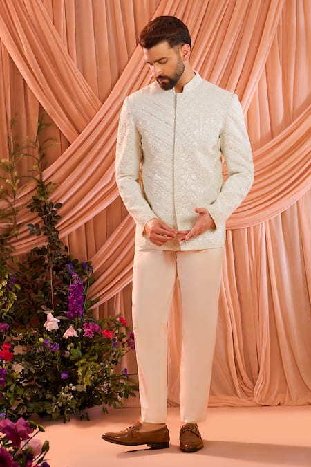 Buy_Kasbah_Ivory Georgette Hand Embroidered Bandhgala _Online_at_Aza_Fashions