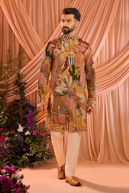 Kasbah_Multi Color Silk, Crepe Zari Abstract Pattern Kurta _Online_at_Aza_Fashions