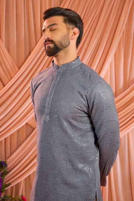 Buy_Kasbah_Grey Silk Sequins Embellished Kurta _Online_at_Aza_Fashions