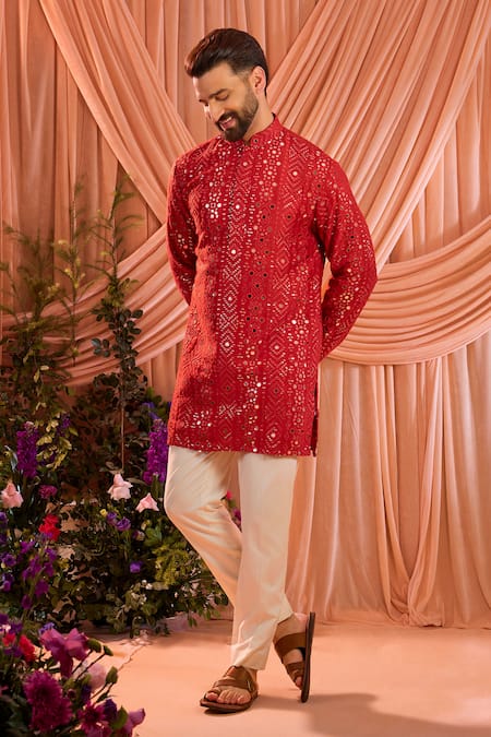 Buy_Kasbah_Red Silk Sequins, Mirrors Kurta _Online_at_Aza_Fashions