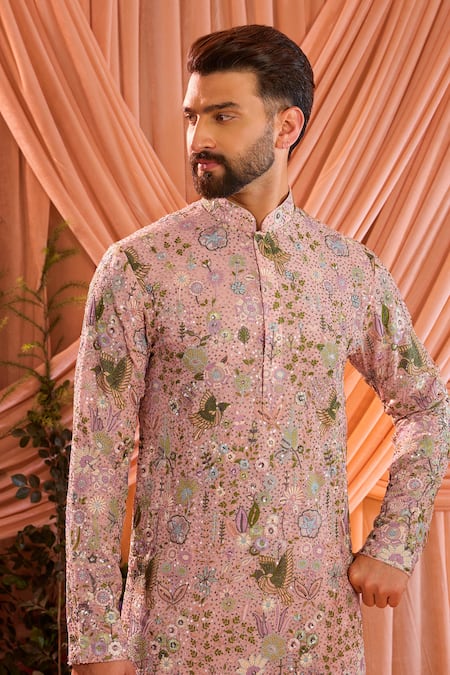 Buy_Kasbah_Pink Georgette Embroidery, Sequins Kurta _Online_at_Aza_Fashions