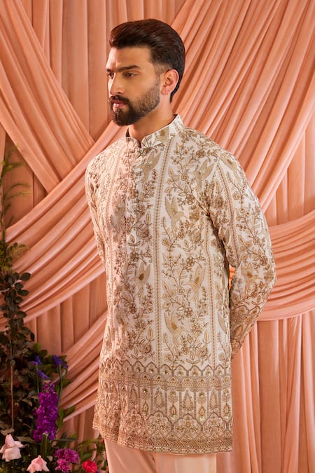 Kasbah_White Georgette Embroidery, Sequins, Zari Floral Pattern Kurta _Online_at_Aza_Fashions