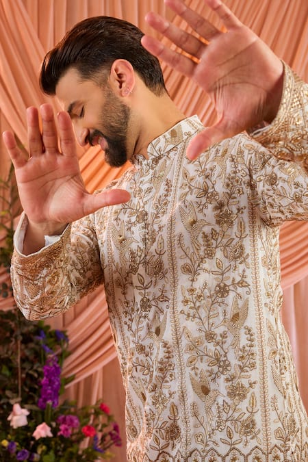 Buy_Kasbah_White Georgette Embroidery, Sequins, Zari Floral Pattern Kurta _Online_at_Aza_Fashions