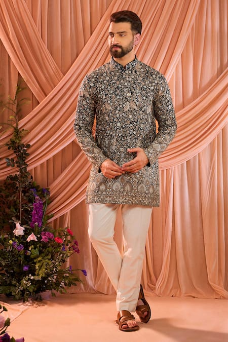 Kasbah Green Georgette Sequins, Zari Animal And Floral Pattern Kurta Online at Aza Fashions Kasbah_Green Georgette Sequins, Zari Animal And Floral Pattern Kurta _Online_at_Aza_Fashions