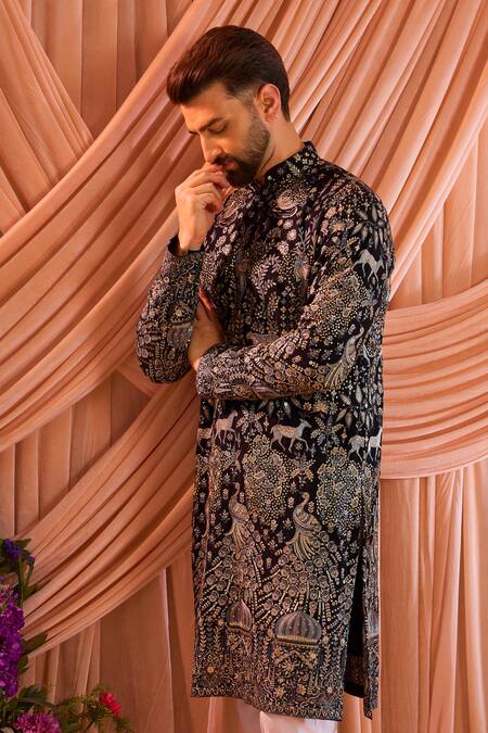 Kasbah_Blue Georgette Zari, Sequins Embroidered Kurta _Online_at_Aza_Fashions