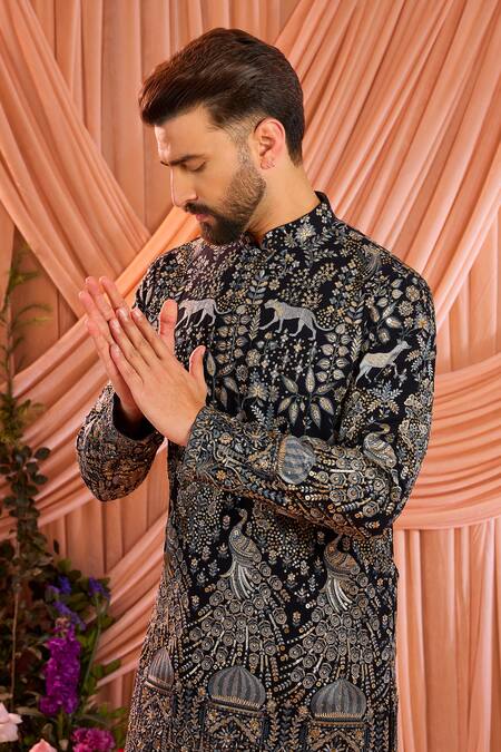 Buy_Kasbah_Blue Georgette Sequins, Zari Heritage Embroidered Short Kurta _Online_at_Aza_Fashions