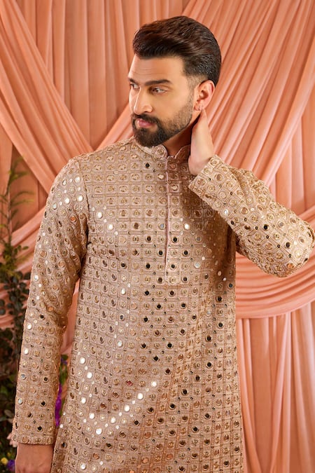 Buy_Kasbah_Pink Georgette Sequins, Zari, Mirrors Embroidered Kurta _Online_at_Aza_Fashions