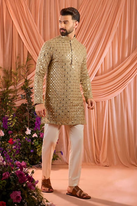 Kasbah_Gold Georgette Sequins, Zari, Mirrors Work Kurta _Online_at_Aza_Fashions