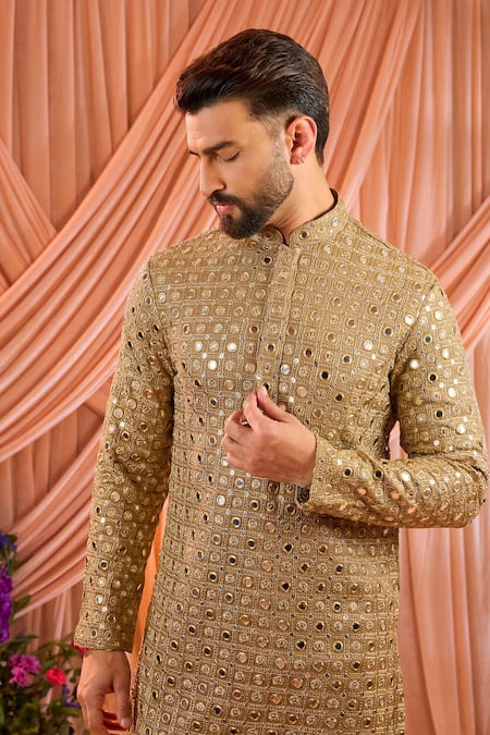 Buy_Kasbah_Gold Georgette Sequins, Zari, Mirrors Work Kurta _Online_at_Aza_Fashions
