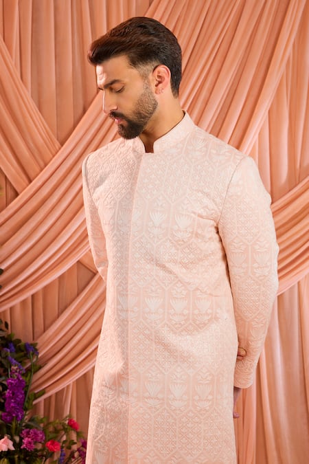 Kasbah_Pink Silk Embroidery, Sequins Tonal Sherwani Jacket _Online_at_Aza_Fashions