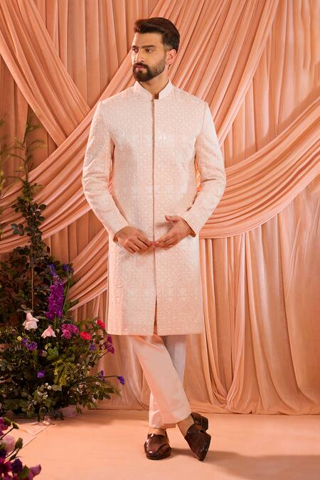 Buy_Kasbah_Pink Silk Embroidery, Sequins Tonal Sherwani Jacket _Online_at_Aza_Fashions