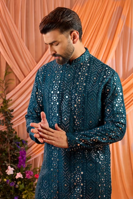 Buy Kasbah Blue Silk Sequins, Mirrors Butti Embroidered Kurta Online at Aza Fashions Buy_Kasbah_Blue Silk Sequins, Mirrors Butti Embroidered Kurta _Online_at_Aza_Fashions