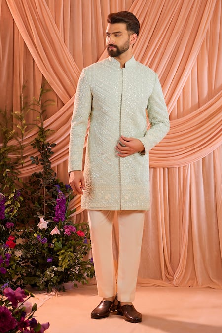 Kasbah_Blue Georgette Beads, Stones Hand Embroidered Sherwani Jacket _Online_at_Aza_Fashions