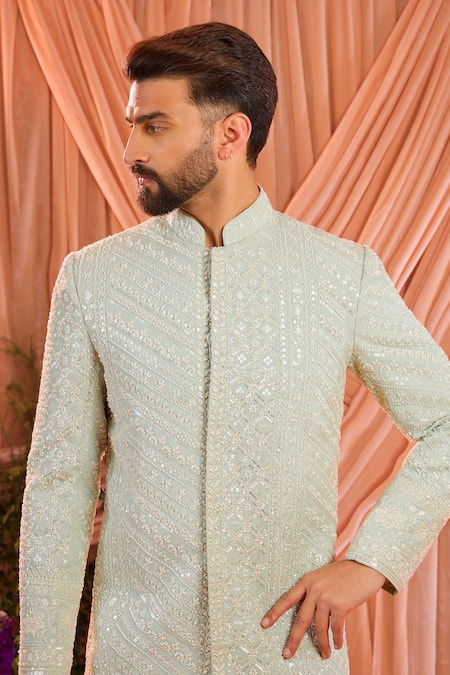 Buy_Kasbah_Blue Georgette Beads, Stones Hand Embroidered Sherwani Jacket _Online_at_Aza_Fashions
