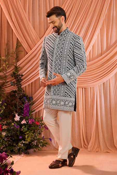 Kasbah_Black Georgette Embroidery Hand Sherwani Jacket _Online_at_Aza_Fashions
