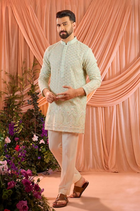 Kasbah_Blue Georgette Embroidery, Sequins, Zari, Foil Printing Butti Pattern Kurta _Online_at_Aza_Fashions