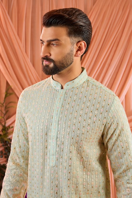 Buy_Kasbah_Blue Georgette Embroidery, Sequins, Zari, Foil Printing Butti Pattern Kurta _Online_at_Aza_Fashions