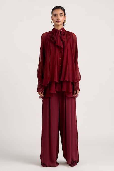 Buy_Ott_Maroon Silk Embroidery High Neck Double-layered Scarf Top 