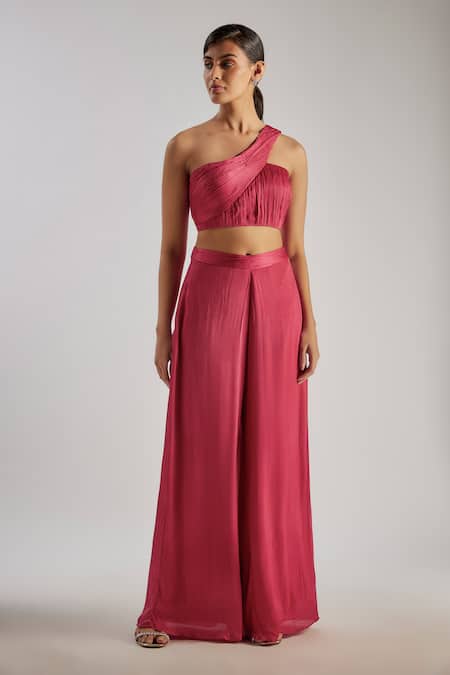 Essay By Sumedha Agrawal One Shoulder Pleated Crop Top & Pant Set 