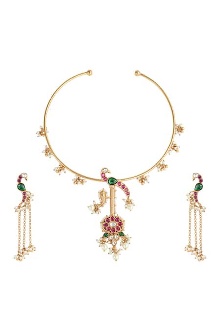 Prihan Luxury Jewelry Mayuri Peacock Carved Necklace Set 
