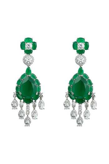 Prihan Luxury Jewelry_Green Stones, Crystals, Floral Cluster Necklace And Earrings Set _Online_at_Aza_Fashions