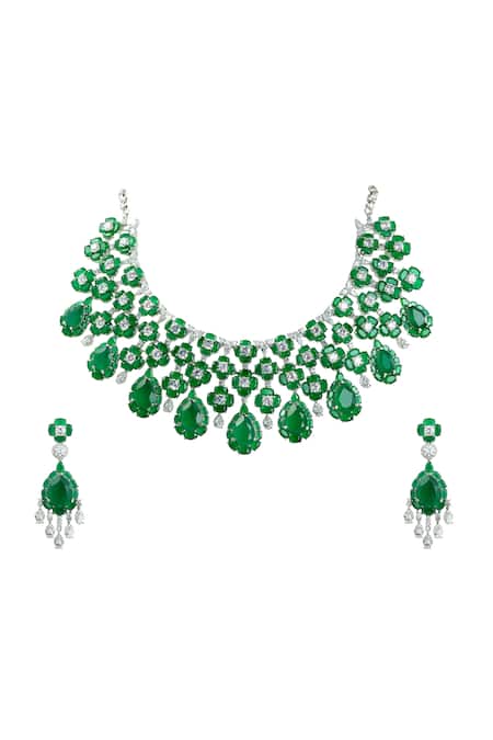 Prihan Luxury Jewelry Floral Cluster Necklace & Earrings Set 