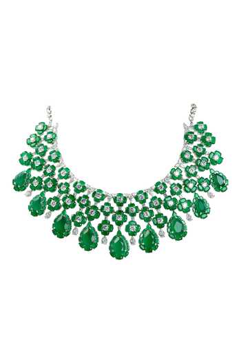 Buy_Prihan Luxury Jewelry_Green Stones, Crystals, Floral Cluster Necklace And Earrings Set _Online_at_Aza_Fashions