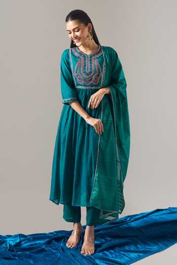 Samyukta Singhania Teal Chanderi, Shantoon Embroidery, Sequins, Mirrors, Lace Round Mul Kurta Set Online at Aza Fashions Samyukta Singhania_Teal Chanderi, Shantoon Embroidery, Sequins, Mirrors, Lace Round Mul Kurta Set _Online_at_Aza_Fashions