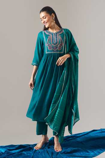Buy Samyukta Singhania Teal Chanderi, Shantoon Embroidery, Sequins, Mirrors, Lace Round Mul Kurta Set Online at Aza Fashions Buy_Samyukta Singhania_Teal Chanderi, Shantoon Embroidery, Sequins, Mirrors, Lace Round Mul Kurta Set _Online_at_Aza_Fashions