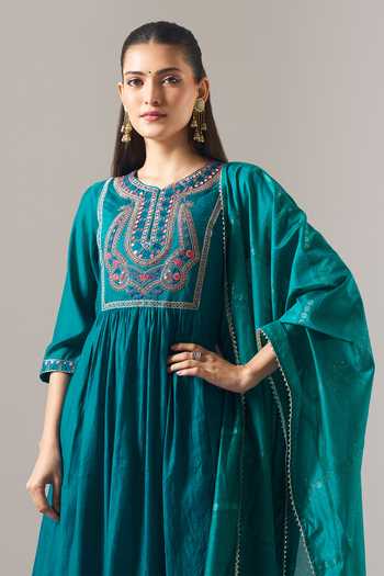 Shop Samyukta Singhania Teal Chanderi, Shantoon Embroidery, Sequins, Mirrors, Lace Round Mul Kurta Set Online at Aza Fashions Shop_Samyukta Singhania_Teal Chanderi, Shantoon Embroidery, Sequins, Mirrors, Lace Round Mul Kurta Set _Online_at_Aza_Fashions