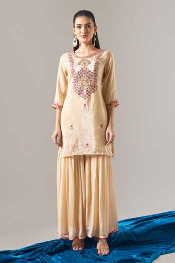 Samyukta Singhania Beige Chanderi, Shantoon Embroidery, Sequins, Zari, Lace Round Kurta Sharara Set Online at Aza Fashions Samyukta Singhania_Beige Chanderi, Shantoon Embroidery, Sequins, Zari, Lace Round Kurta Sharara Set _Online_at_Aza_Fashions