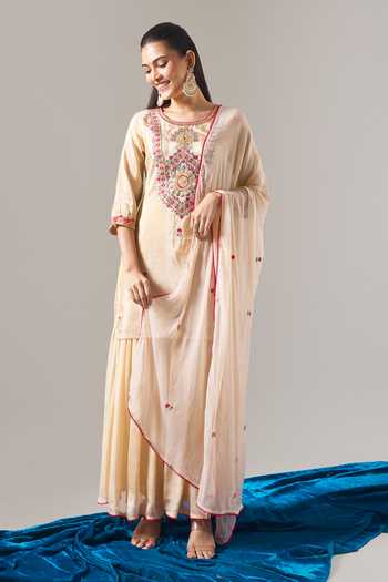 Buy Samyukta Singhania Beige Chanderi, Shantoon Embroidery, Sequins, Zari, Lace Round Kurta Sharara Set Online at Aza Fashions Buy_Samyukta Singhania_Beige Chanderi, Shantoon Embroidery, Sequins, Zari, Lace Round Kurta Sharara Set _Online_at_Aza_Fashions
