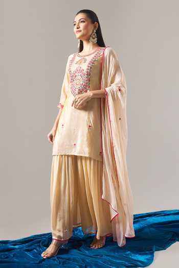 Shop Samyukta Singhania Beige Chanderi, Shantoon Embroidery, Sequins, Zari, Lace Round Kurta Sharara Set Online at Aza Fashions Shop_Samyukta Singhania_Beige Chanderi, Shantoon Embroidery, Sequins, Zari, Lace Round Kurta Sharara Set _Online_at_Aza_Fashions