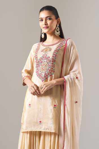 Samyukta Singhania Beige Chanderi, Shantoon Embroidery, Sequins, Zari, Lace Round Kurta Sharara Set at Aza Fashions Samyukta Singhania_Beige Chanderi, Shantoon Embroidery, Sequins, Zari, Lace Round Kurta Sharara Set _at_Aza_Fashions