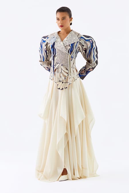 Jajaabor_Silk, Chanderi Embroidery, Beads Shawl Neck Gr-22a Ivory_axzff4sisf5gfj _Online_at_Aza_Fashions