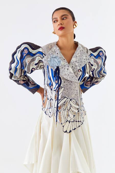 Shop_Jajaabor_Silk, Chanderi Embroidery, Beads Shawl Neck Gr-22a Ivory_axzff4sisf5gfj _Online_at_Aza_Fashions