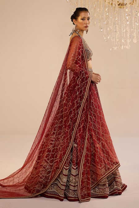 Buy_Cedar & Pine_Red Silk, Organza, Tulle Zari, Stones Halter Neck Bella Embroidered Lehenga Set _Online_at_Aza_Fashions