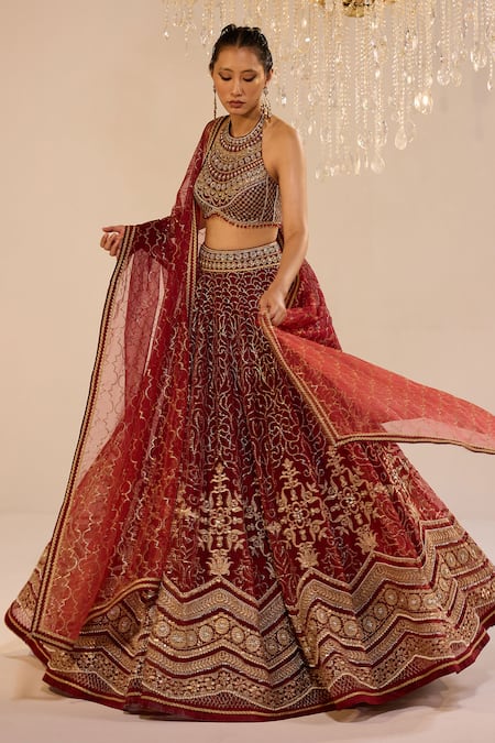 Shop_Cedar & Pine_Red Silk, Organza, Tulle Zari, Stones Halter Neck Bella Embroidered Lehenga Set _Online_at_Aza_Fashions