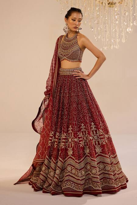 Cedar & Pine_Red Silk, Organza, Tulle Zari, Stones Halter Neck Bella Embroidered Lehenga Set _at_Aza_Fashions