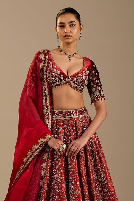Cedar & Pine Red Velvet, Tulle, Organza Sequins, Beads, Zari Verona Embroidered Lehenga Set Online at Aza Fashions Cedar & Pine_Red Velvet, Tulle, Organza Sequins, Beads, Zari Verona Embroidered Lehenga Set _Online_at_Aza_Fashions