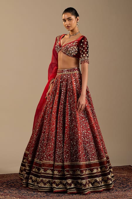 Shop Cedar & Pine Red Velvet, Tulle, Organza Sequins, Beads, Zari Verona Embroidered Lehenga Set Online at Aza Fashions Shop_Cedar & Pine_Red Velvet, Tulle, Organza Sequins, Beads, Zari Verona Embroidered Lehenga Set _Online_at_Aza_Fashions