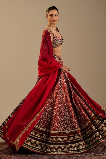 Cedar & Pine Red Velvet, Tulle, Organza Sequins, Beads, Zari Verona Embroidered Lehenga Set at Aza Fashions Cedar & Pine_Red Velvet, Tulle, Organza Sequins, Beads, Zari Verona Embroidered Lehenga Set _at_Aza_Fashions