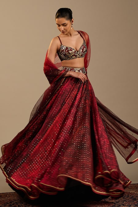 Cedar & Pine Red Organza, Tulle Foil Printing, Rosso Polka Dot Pattern Lehenga Set Online at Aza Fashions Cedar & Pine_Red Organza, Tulle Foil Printing, Rosso Polka Dot Pattern Lehenga Set _Online_at_Aza_Fashions