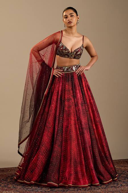 Cedar & Pine Red Organza, Tulle Foil Printing, Rosso Polka Dot Pattern Lehenga Set at Aza Fashions Cedar & Pine_Red Organza, Tulle Foil Printing, Rosso Polka Dot Pattern Lehenga Set _at_Aza_Fashions
