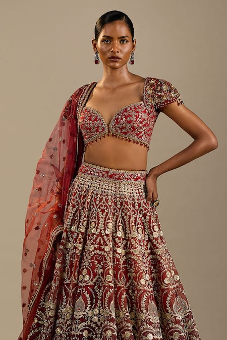 Cedar & Pine_Red Organza, Tulle Embroidery, Sequins, Zari Sweetheart Tuscany Lehenga Set _Online_at_Aza_Fashions