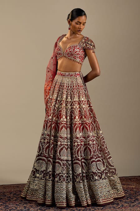 Buy_Cedar & Pine_Red Organza, Tulle Embroidery, Sequins, Zari Sweetheart Tuscany Lehenga Set _Online_at_Aza_Fashions