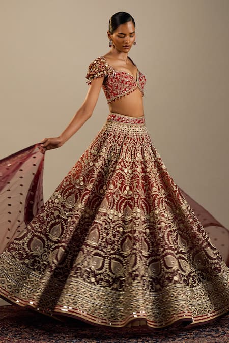 Shop_Cedar & Pine_Red Organza, Tulle Embroidery, Sequins, Zari Sweetheart Tuscany Lehenga Set _Online_at_Aza_Fashions